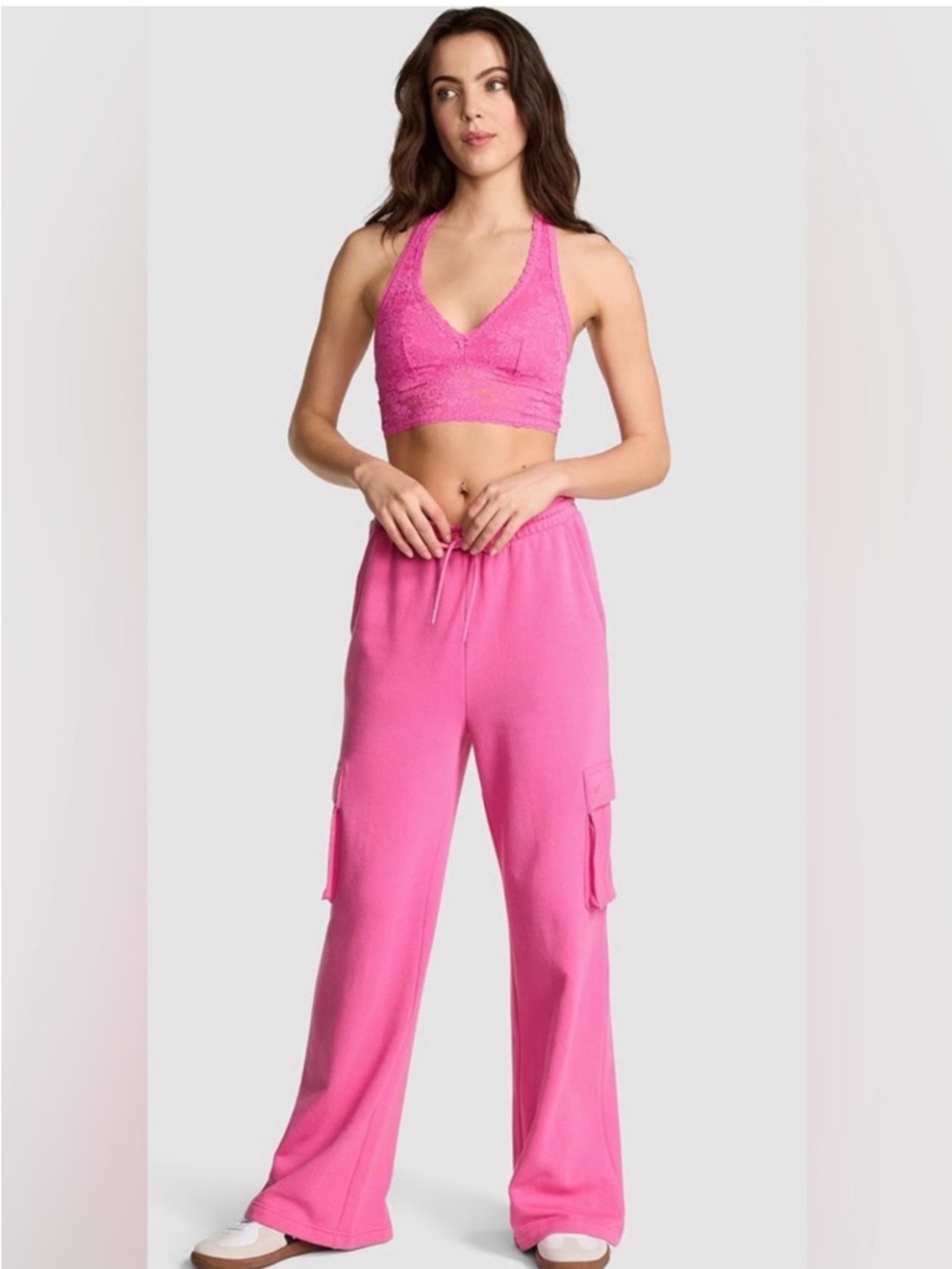 VS PINK Fleece Wide Leg Cargo Sweatpants Hot Pink size XL (Short Length) EUC